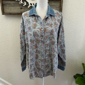 VTG Gitano chambray floral button down shirt‎ ladies XL FLAW